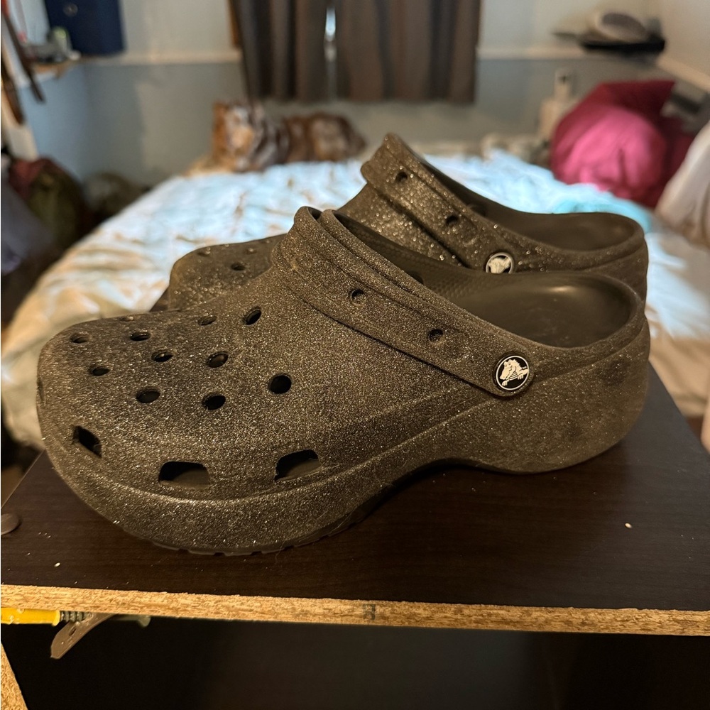 CROCS Black Glitter Classic Clog Mules